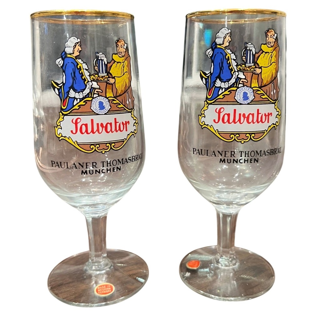 Salvator Munchen Vintage Collectible gold rim Glass Pint Tulip Stemmed Barware